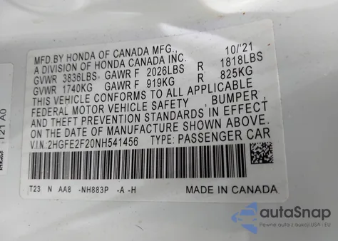 2022 Honda Civic Lx from USA, damaged, VIN 2HGFE2F20NH541456